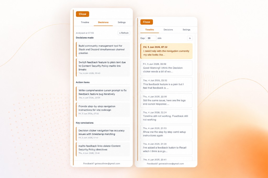 Recall timeline and decisions view in Claude